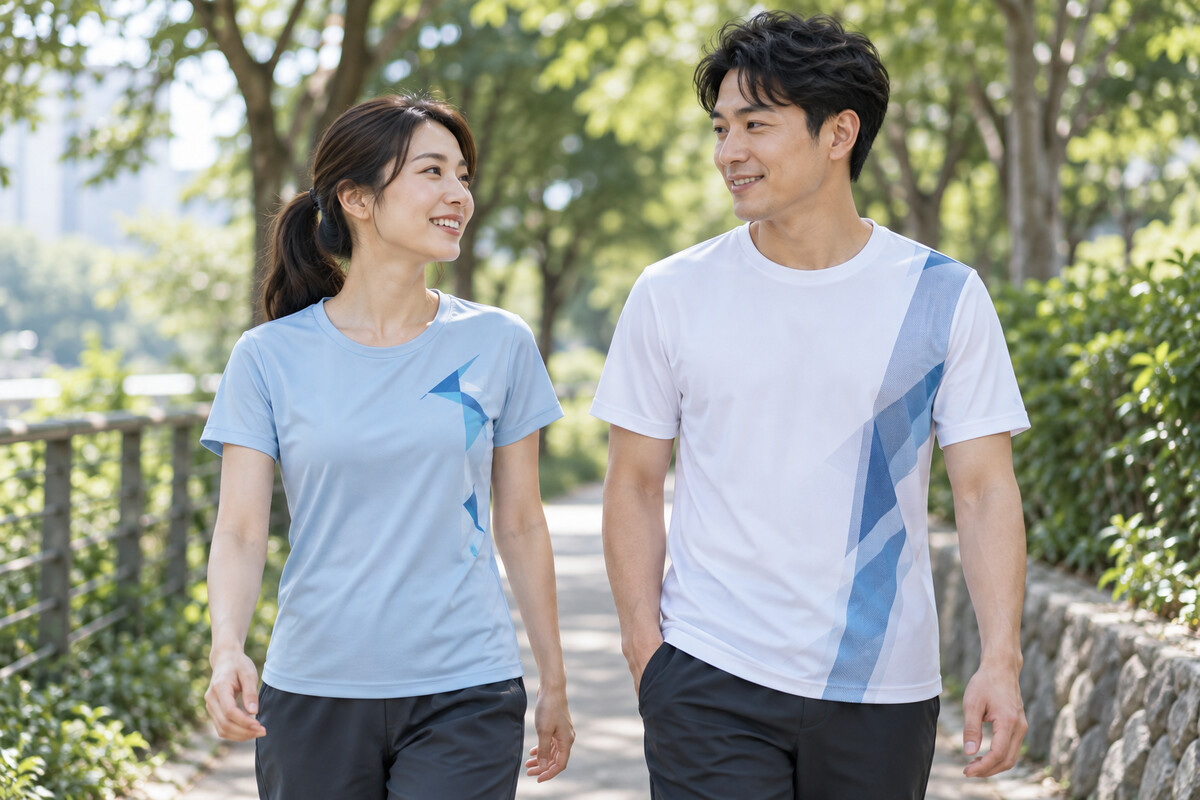 東方男女穿著藍白客製機能T恤於戶外散步的穿搭示意圖