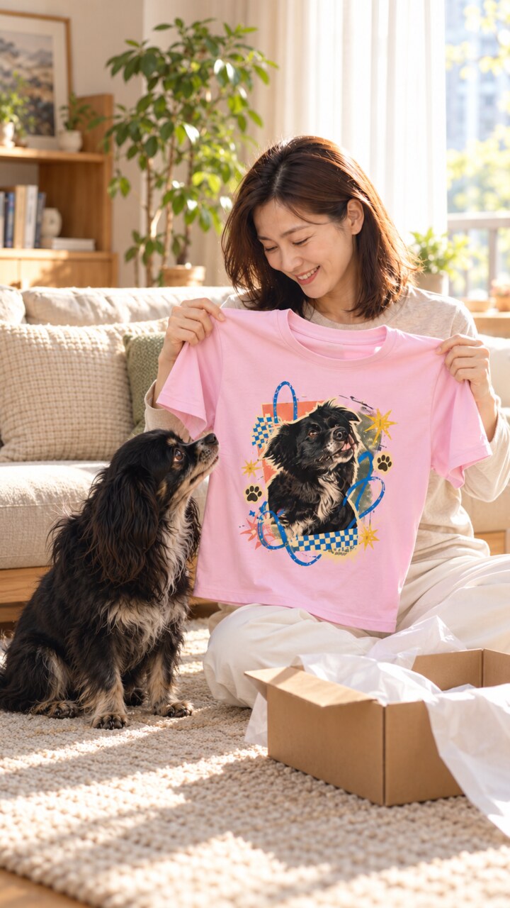 飼主拆開粉色毛孩肖像客製上衣，與寵物一起查看新衣