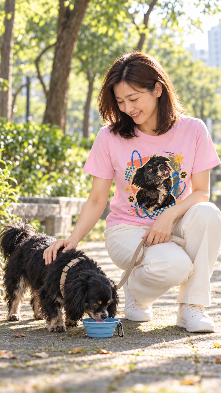 飼主穿著寵物肖像上衣，在公園陪毛孩喝水休息