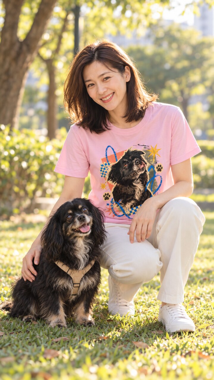 飼主穿著豆豆肖像客製T恤與毛孩在戶外合照