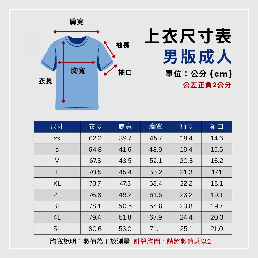 男版成人圓領 T|XS–5L尺寸表,單位公分,平量公差正負2公分