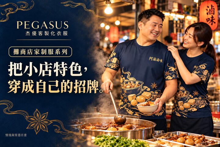 攤商夫妻穿著深藍金色滿版客製制服，在攤位前合照的情境示意