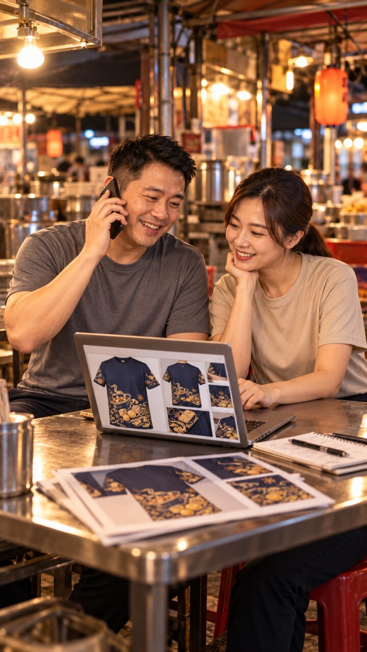 攤商夫妻透過電話討論店家制服與設計需求