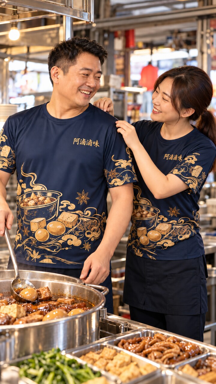 攤商夫妻試穿深藍金色平肩機能短T並檢視尺寸