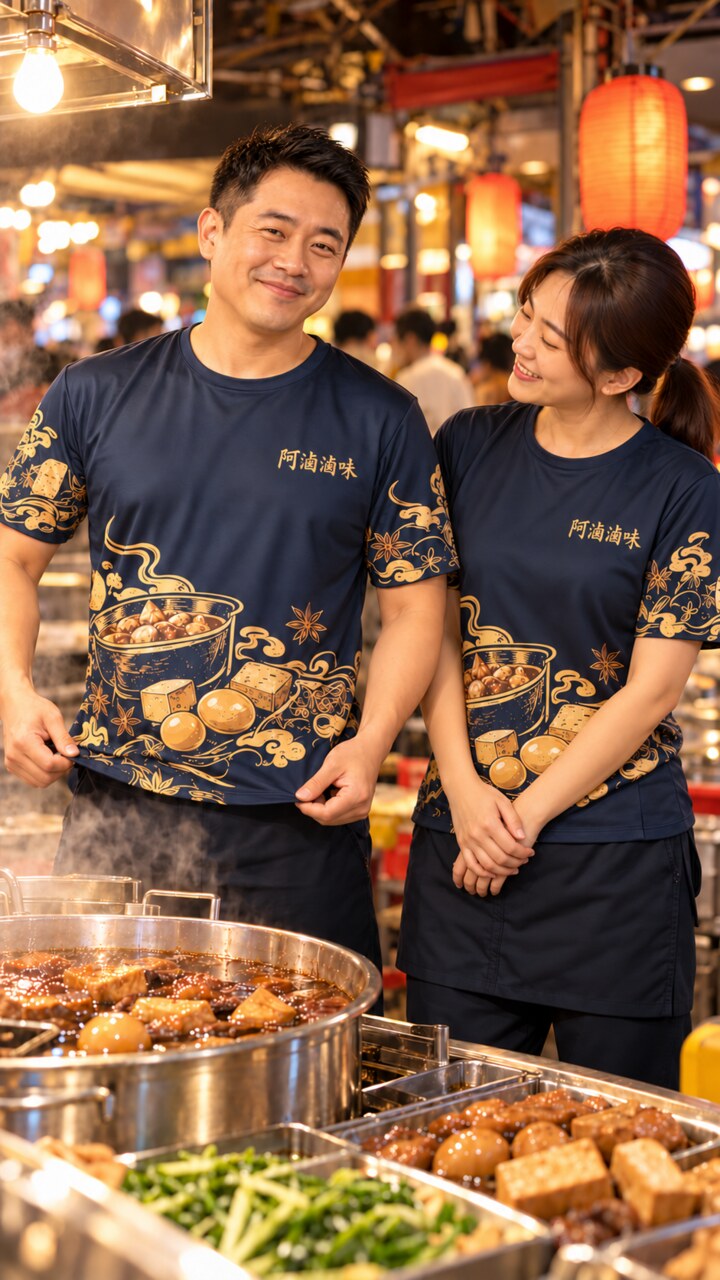 攤商展示制服正面的店名與滿版招牌餐點圖案