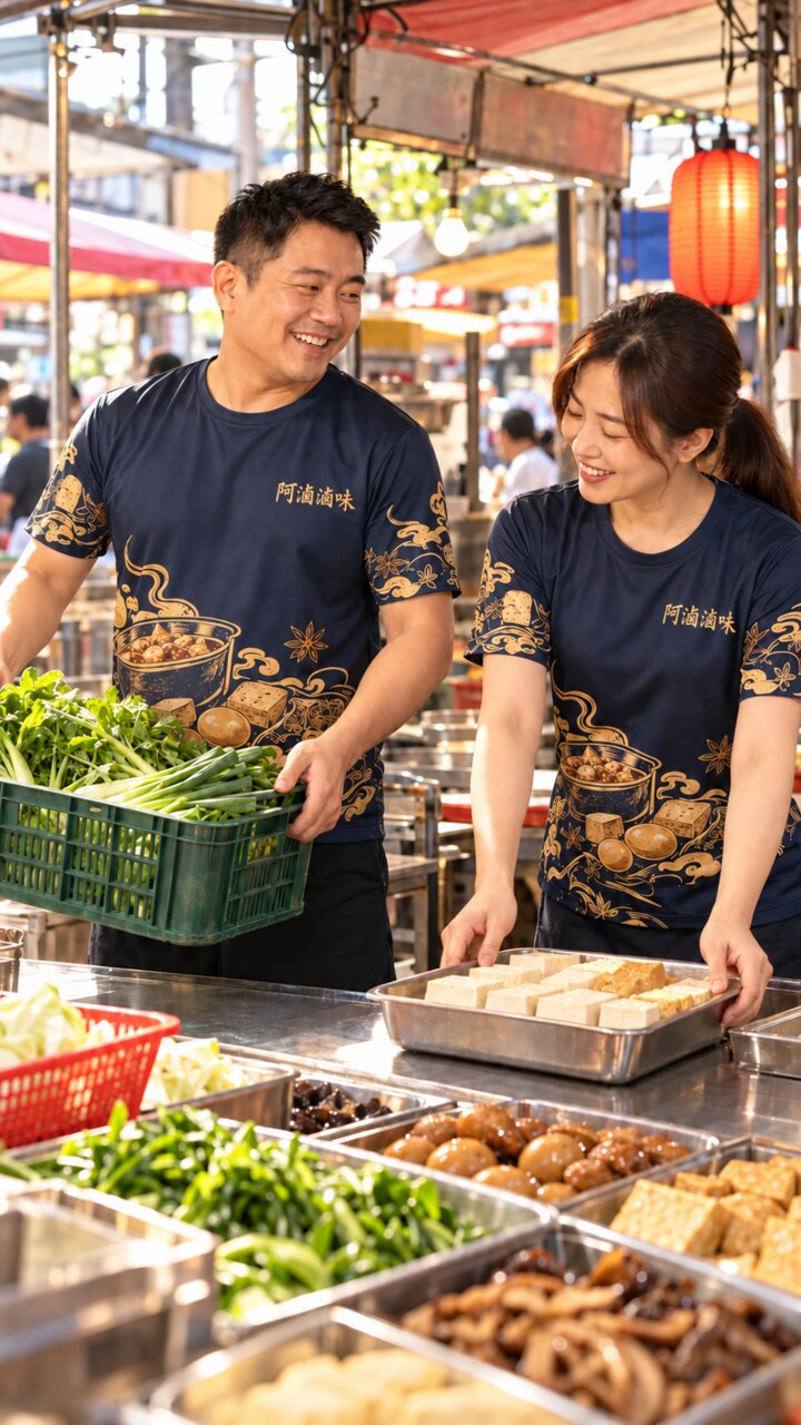 攤商夫妻穿著同款客製制服在白天整理食材與備料