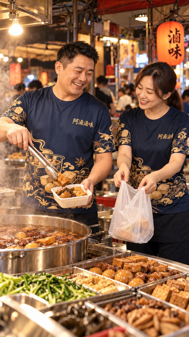 攤商夫妻穿著店家客製制服在攤位忙碌出餐